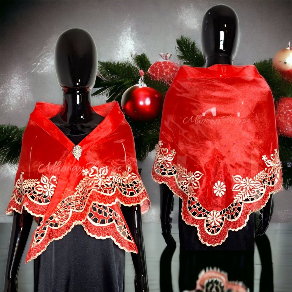 Red-Handmade Filipino Alampay Shawl – Organza Cutwork Embroidery w/ Brooch